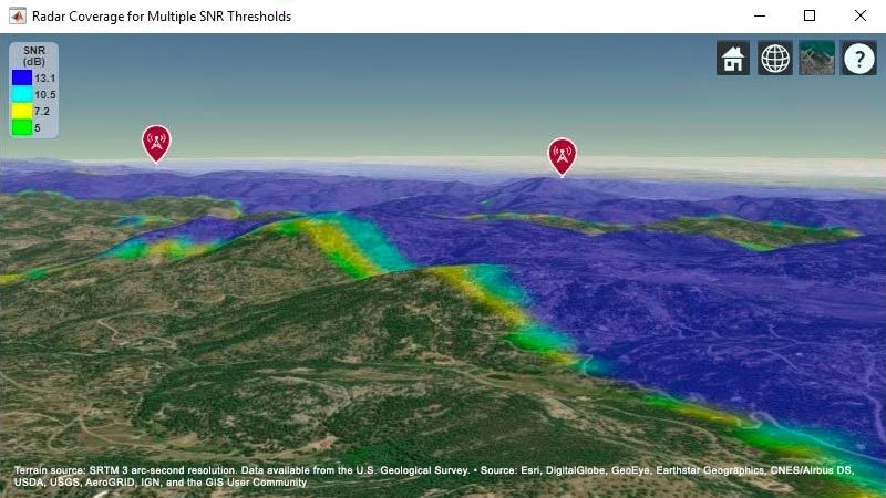 显示两个雷达系统联合目标覆盖区域的基于地形的地图。