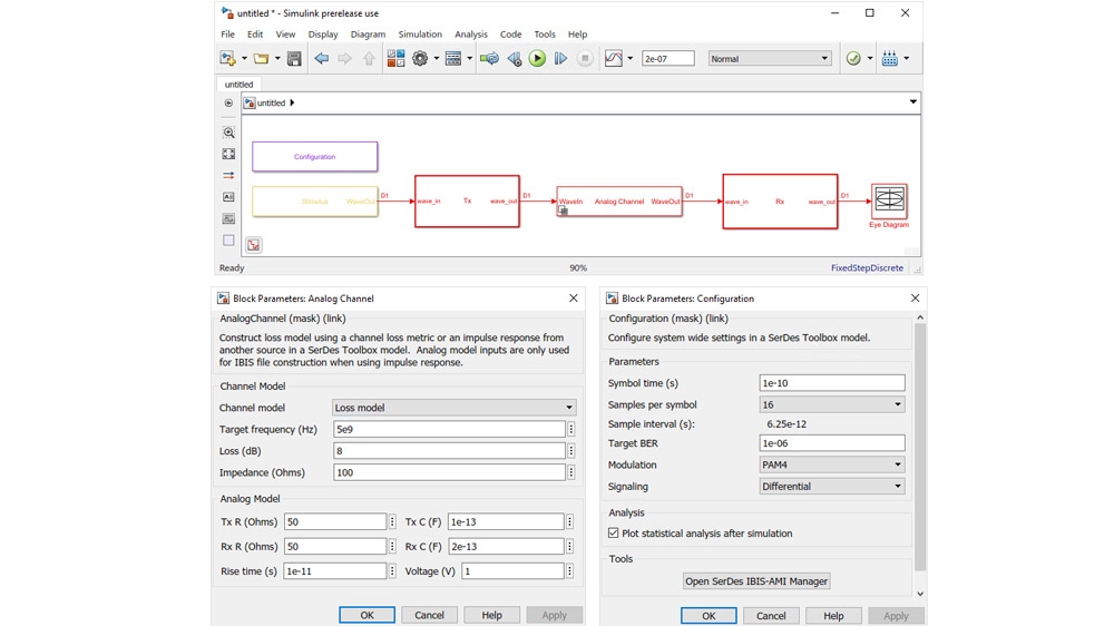 万博1manbetx使用SerDes Designer应用程序生成Simulink模型进行时域仿真。系统级配置(左)和通道参数(右)。