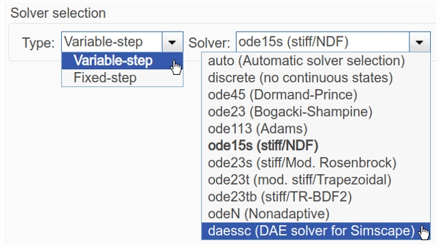 Simscape解算器选项，包括用于模拟DAE的解算器。