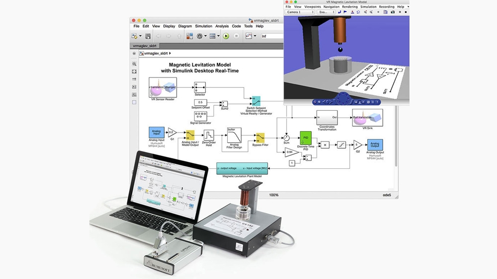 磁悬浮控制实验。使用模拟输入和模拟输出块与外部硬件的模型接口。