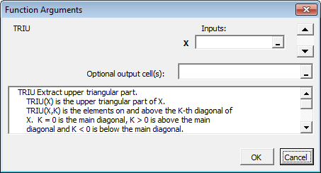 “函数参数”对话框显示选定的triu函数及其函数帮助。该对话框包含用于输入输入参数和输出参数的字段。