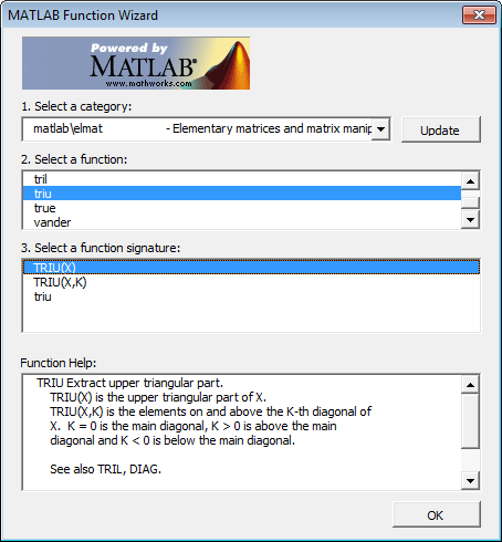 MATLAB函数向导包含选定的MATLAB elmat类，triu函数，triu(x)签名，和triu函数帮助。