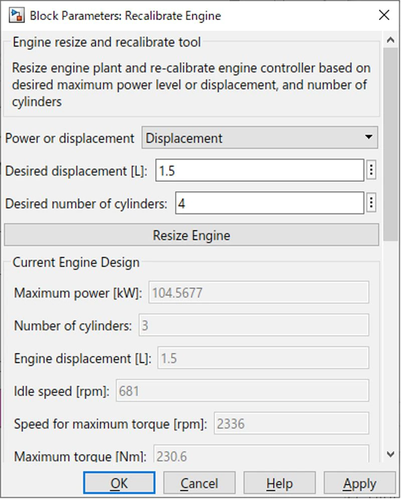 在动力总成模块引擎测功机参考应用程序内的引擎调整大小功能的用户界面。