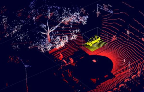Point cloud data of a road scenario with car and tree.