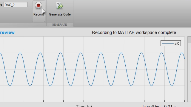 The Analog Input Recorder app helps you quickly get started with Data Acquisition Toolbox. You can interactively configure a session, acquire data directly to the MATLAB workspace, and generate MATLAB code to automate your acquisition in the future.
