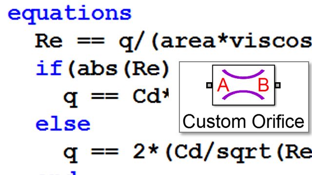 一个定制的液压孔模型。Simscape扩展MATLAB用于定义隐式方程。