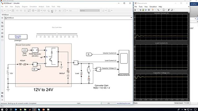 了解如何使用Simulink和Si万博1manbetxmscape电气模拟光伏（PV）面板的电源输出，造型升压转换器，并调整反馈控制器以根据变化的负载调整转换器占空比。