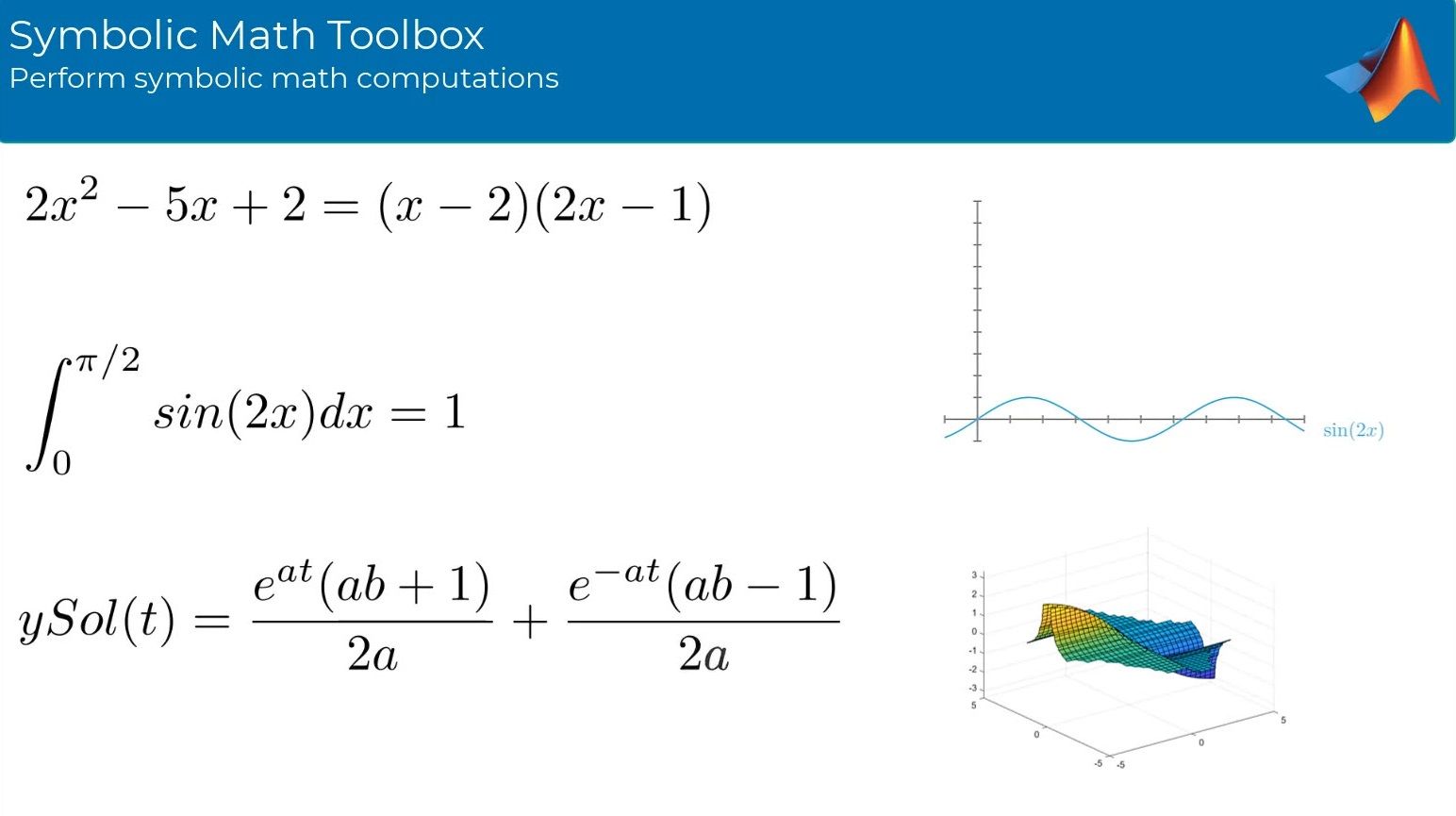 -- Symbolic Math Toolbox provides functions provides the in common mathematical areas for solving, plotting, and manipulating -- Math equations. The Generate MATL万博1manbetxAB functions provides, Simulink function blocks, and Simscape equations directly from -- Symbolic expressions.