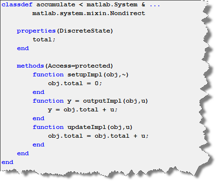 Example System Object using outputImpl and updateImpl to implement an accumulator.