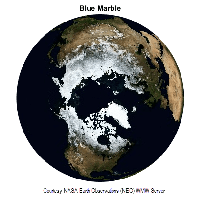 由NASA地球观测（NEO）WMW服务器提供的蓝色大理石卫星图像以北极为中心