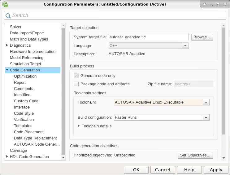 “配置参数”对话框的“代码生成”窗格中，系统目标文件设置为autosar_adaptive。tlc和工具链设置为AUTOSAR Adaptive Linux Executable。