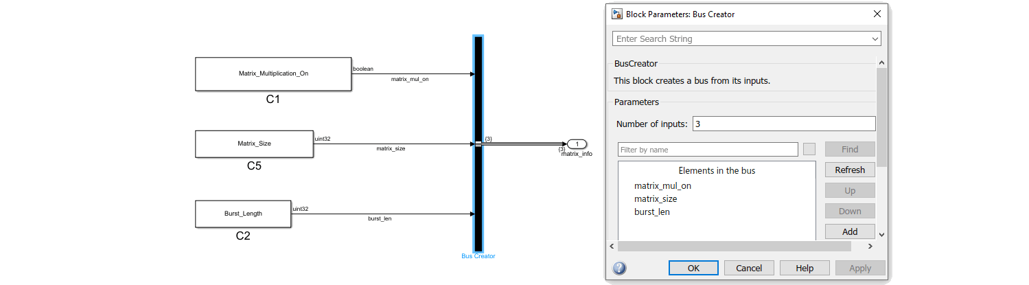 Different data types connected to a bus creator block with the bus creator block parameters window open