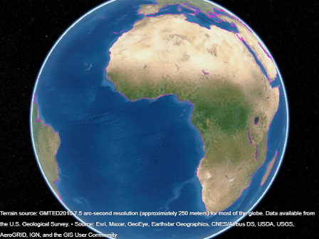 沿着海岸线有洋红色线条的地球仪。这条线似乎断了。gydF4y2Ba