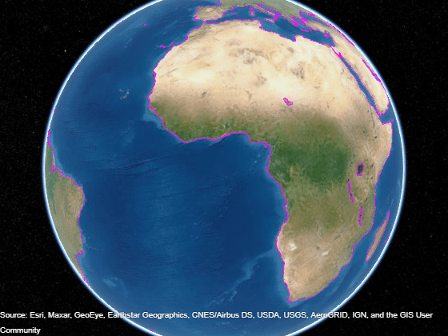 沿着海岸线有一条青色线的地球仪。这条线在底图上可见。gydF4y2Ba