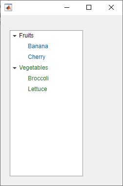 有列出水果和蔬菜的节点的树。香蕉和樱桃节点是蓝色的，蔬菜、西兰花和生菜节点是绿色的。
