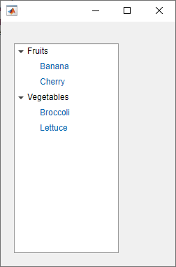 有列出水果和蔬菜的节点的树。香蕉，樱桃，西兰花，生菜节点是蓝色的。