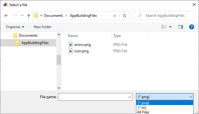 文件选择对话框。对话框的标题为“选择文件”。对话框打开到C:\Documents\AppBuildingFiles文件夹，文件过滤器下拉菜单包含。png和。m过滤器。