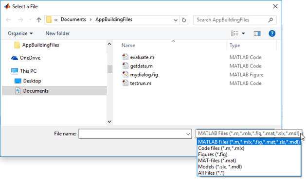 文件选择对话框。文件过滤器下拉列表列出了指定的文件过滤器描述。可见文件为.m和.fig文件。