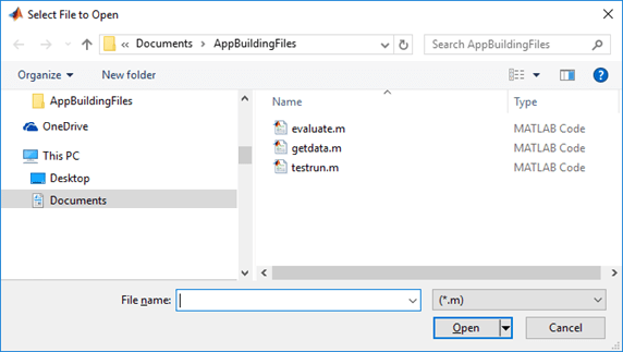 文件选择对话框。可见文件是.m文件和文件过滤器下拉列表读取(*.m)。
