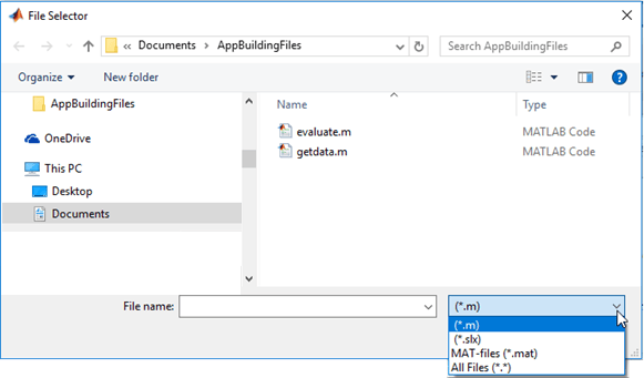 文件选择对话框。文件筛选器下拉菜单为每个指定的文件扩展名提供了一个选项，并且选择了(*.m)。可见文件是.m文件。
