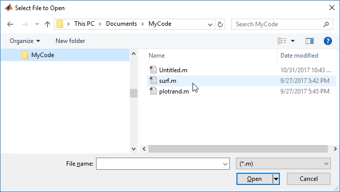 文件选择对话框。可见文件是.m文件和文件过滤器下拉列表读取(*.m)。