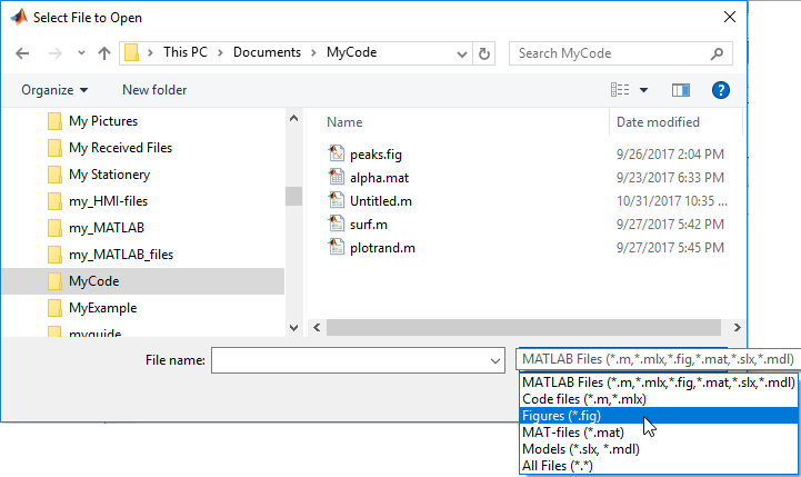 “文件选择”对话框。该对话框显示具有各种扩展名的文件，“文件筛选器”下拉列表包含扩展名类型。