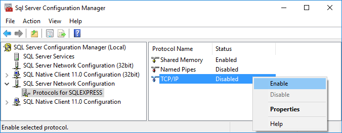 Sql Server配置管理器对话框中选定的TCP / IP协议和在上下文菜单中选择Enable选项