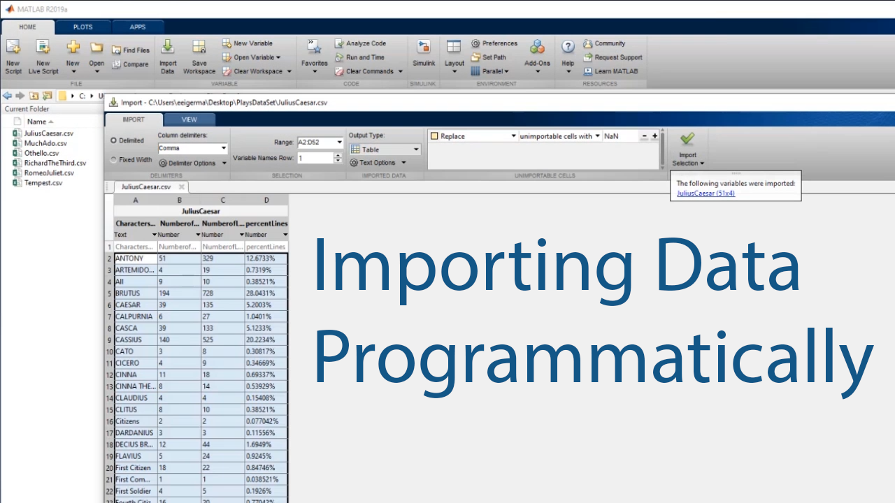 Learn how to import data programmatically in MATLAB by creating a script from the generate code option in the import tool or by writing code from scratch.