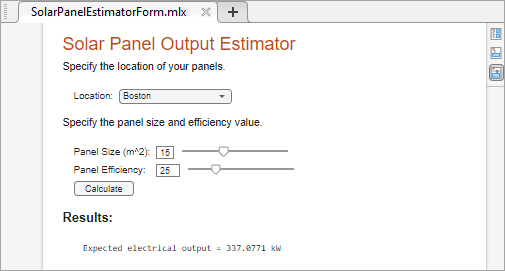 名为SolarPanelEstimator的实时脚本。MLX包含一个下拉列表、两个滑块和一个按钮，允许用户指定输入并开始计算。所有的代码都是隐藏的。
