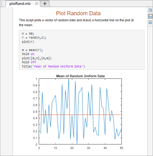 名为plotRand的活动脚本。标题居中的Plot Random Data和一行介绍性文本，后面跟着代码及其输出